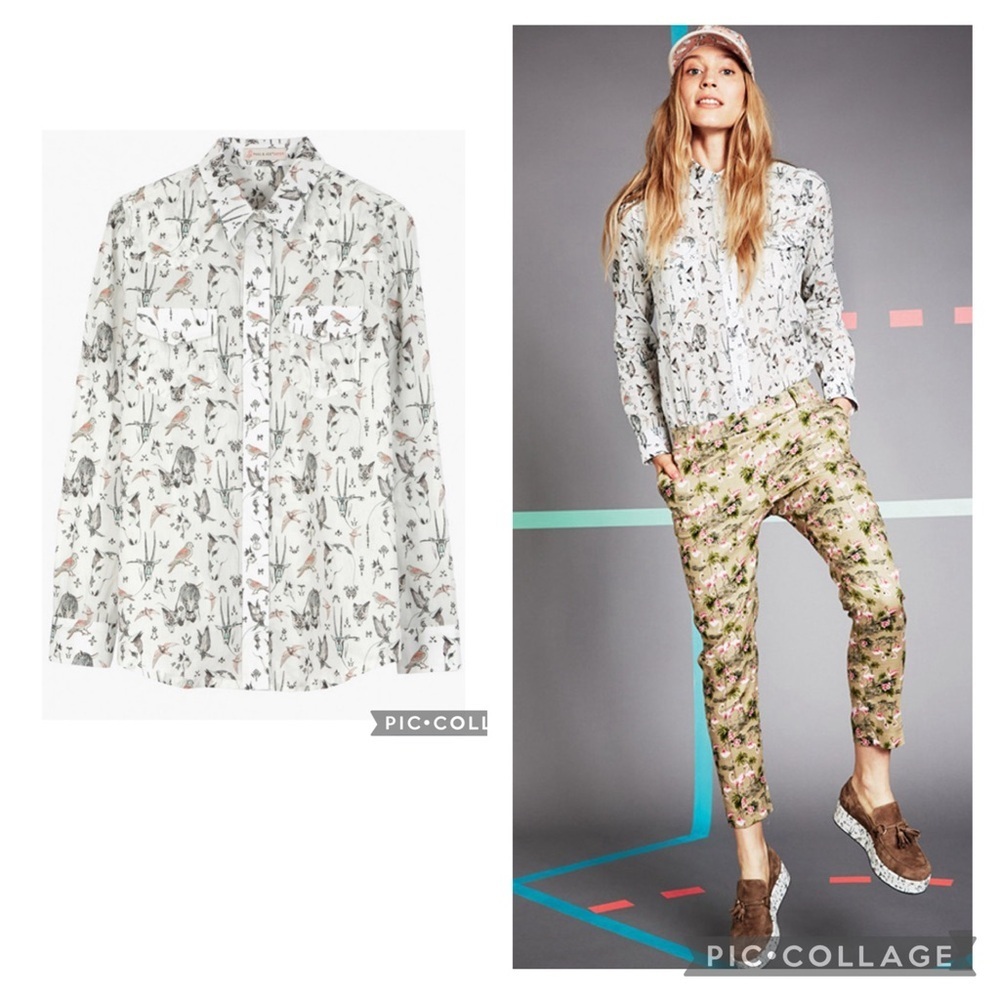 Paul & Joe Sister Bird Garden White Multi Cotton Western Pearl Snap Shirt Size 2